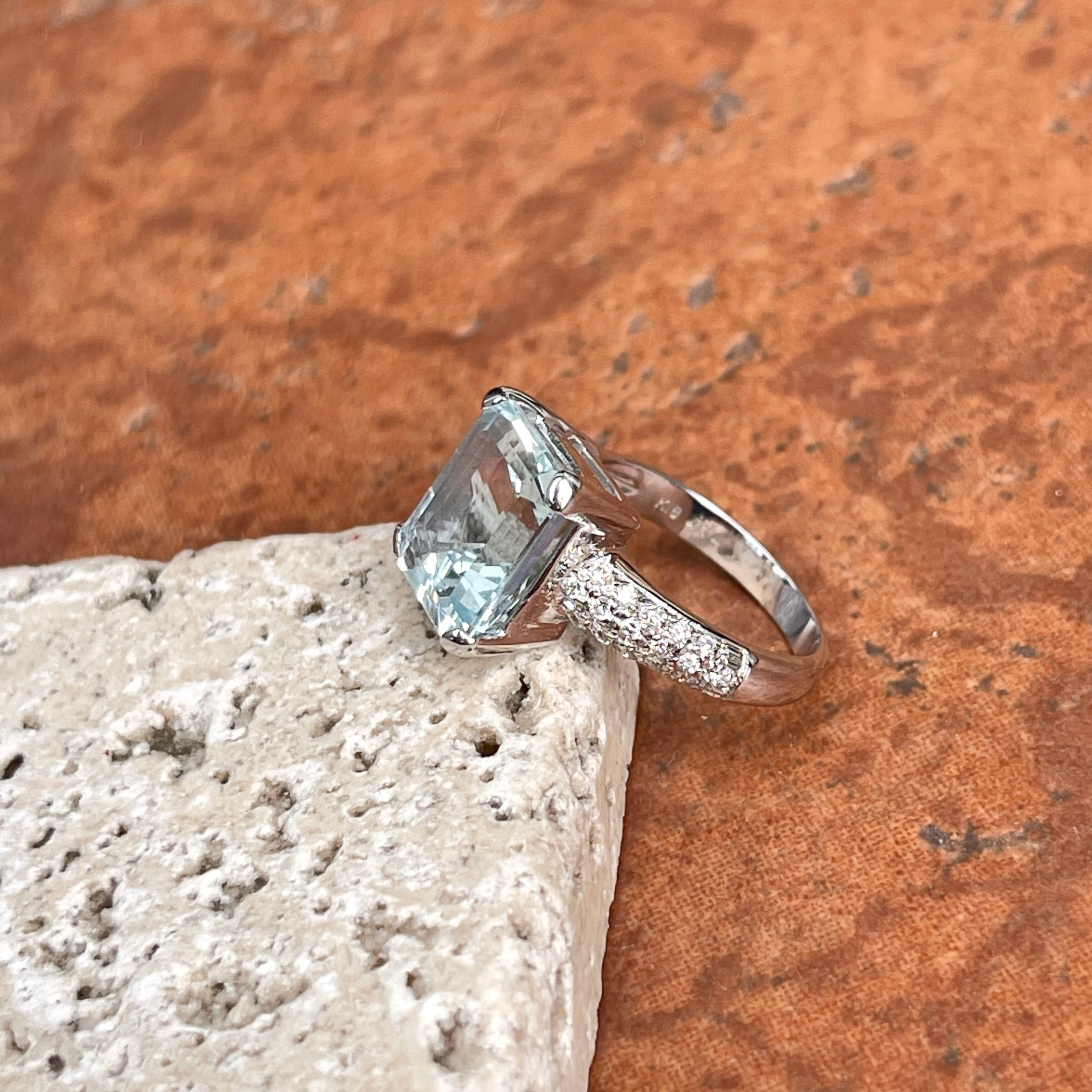 Emerald Cut Aquamarine Ring 3 Stone Engagement Ring | Rare Earth Jewelry